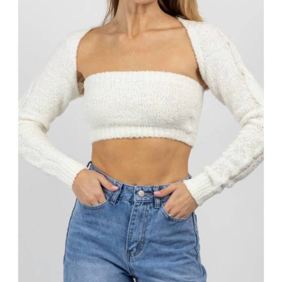 NEW OLIVACEOUS match made fuzzy bolero top in ivory - Picture 2 of 6